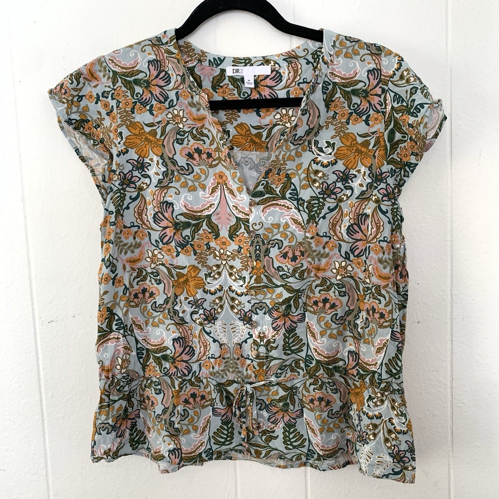 DR2 Anthro Womens Medium Shirt Floral Tropical Drawstring Boho Vacation Beachy
